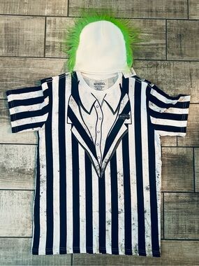 Beetlejuice Costume T-shirt & Beanie SM New